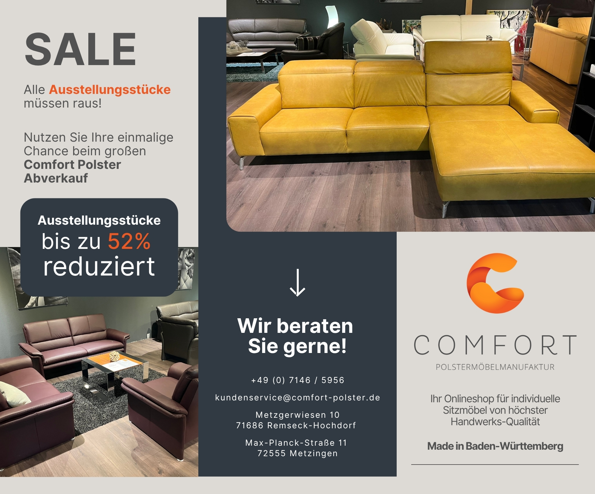 SALE bei Comfort Polster: Ausstellungsstücke bis zu 52 % reduziert. Hochwertige Sofas – Made in Baden-Württemberg