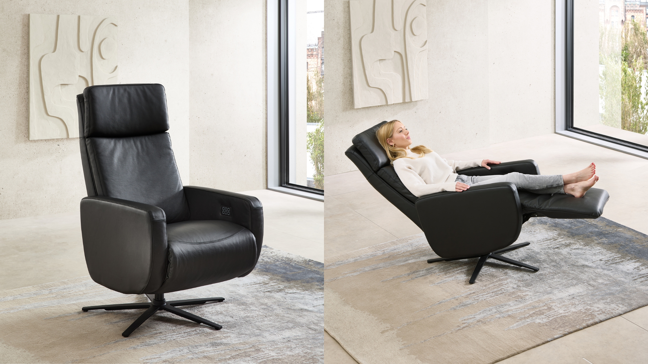 Relaxsessel Davos in einem hellen Raum vor einem bodentiefem Fenster