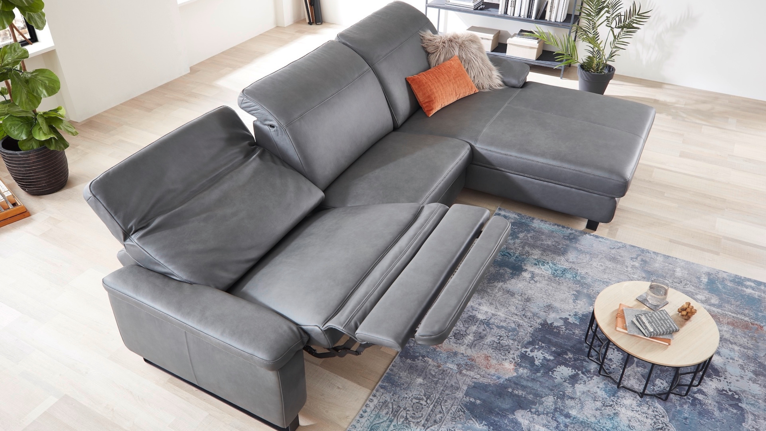 Arosa Ecksofa mit Longchair Leder anthrazit